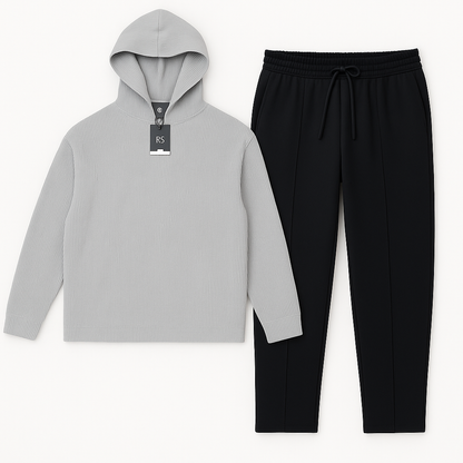 Heather Grey Knitted Hoodie Black Loose Fit Trouser Combo